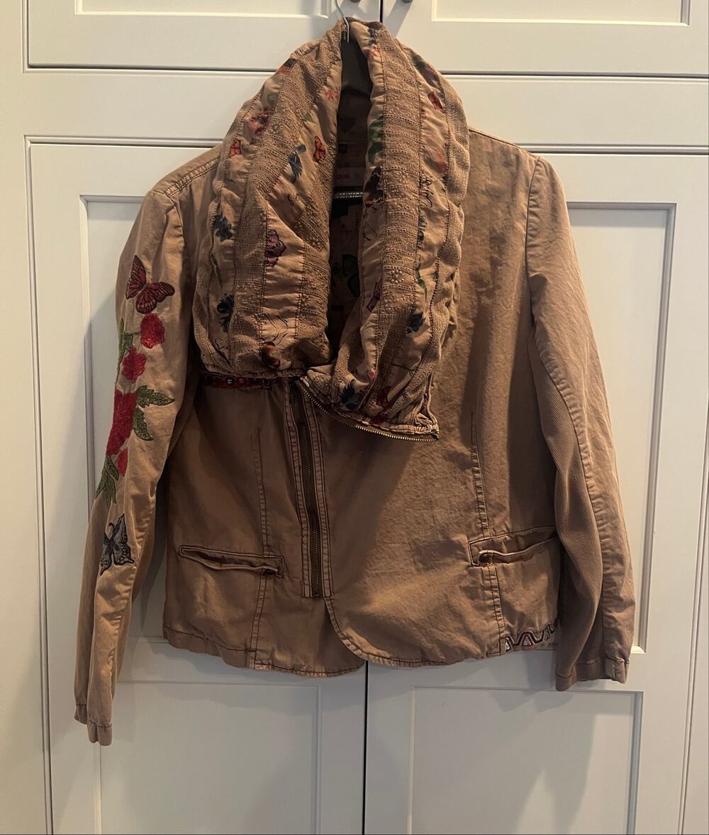 Desigual VTG Boho Embroidered Canvas Jacket Padded Collar Butterfly Sz. 44 (L)
